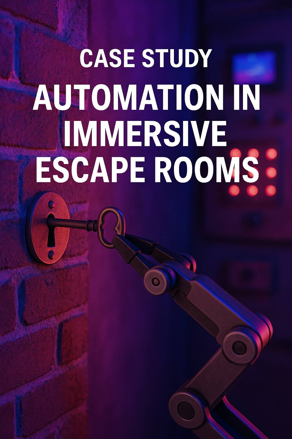 A robotic arm holds a key and reaches toward a keyhole in a brick wall, with glowing control panels in the background. Text overlay reads “Case Study: Automation in Immersive Escape Rooms.”