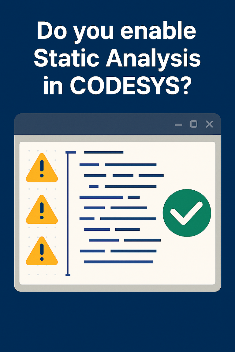 Illustration of a code editor window with warning icons and a green check mark, representing static analysis in CODESYS.