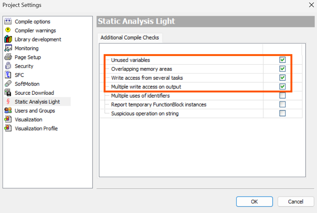 CODESYS Project Settings window showing Static Analysis Light with additional compile checks enabled, highlighting unused variables, overlapping memory areas, write access from several tasks, and multiple write access on output.