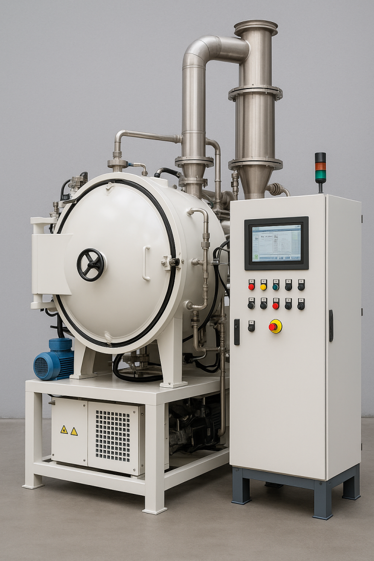 Vacuum brazing furnace with sealed chamber, stainless-steel piping, and touchscreen control panel for aluminum heat treatment.